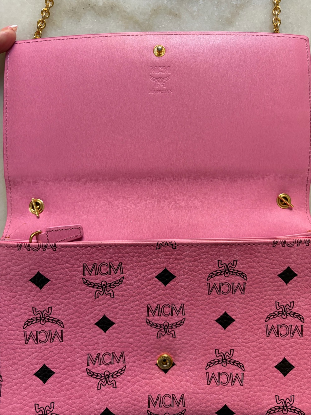 MCM Pink Rhinestone & Gold-Studded Leather Chain Crossbody WOC - Picture 6 of 13